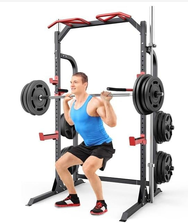 Power Cage Squat Rack, Multi-Functional Power Rack with Adjustable Cable Crossover System, J-Hooks, Dip Handles, Weight Plate Storage